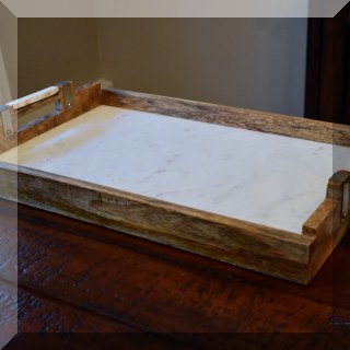 K26. Wood and marble tray with handles. 4”h x 23”l x 14”w - $60